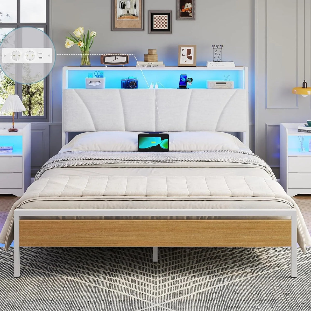 Lit Double 140x190cm LED Moderne avec Rangement et Ports USB