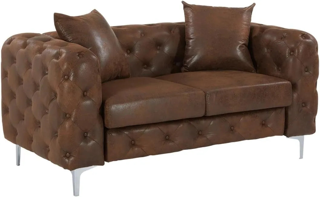 Canapé Chesterfield 2 Places en Microfibre Marron Vintage - Modèle Edwina