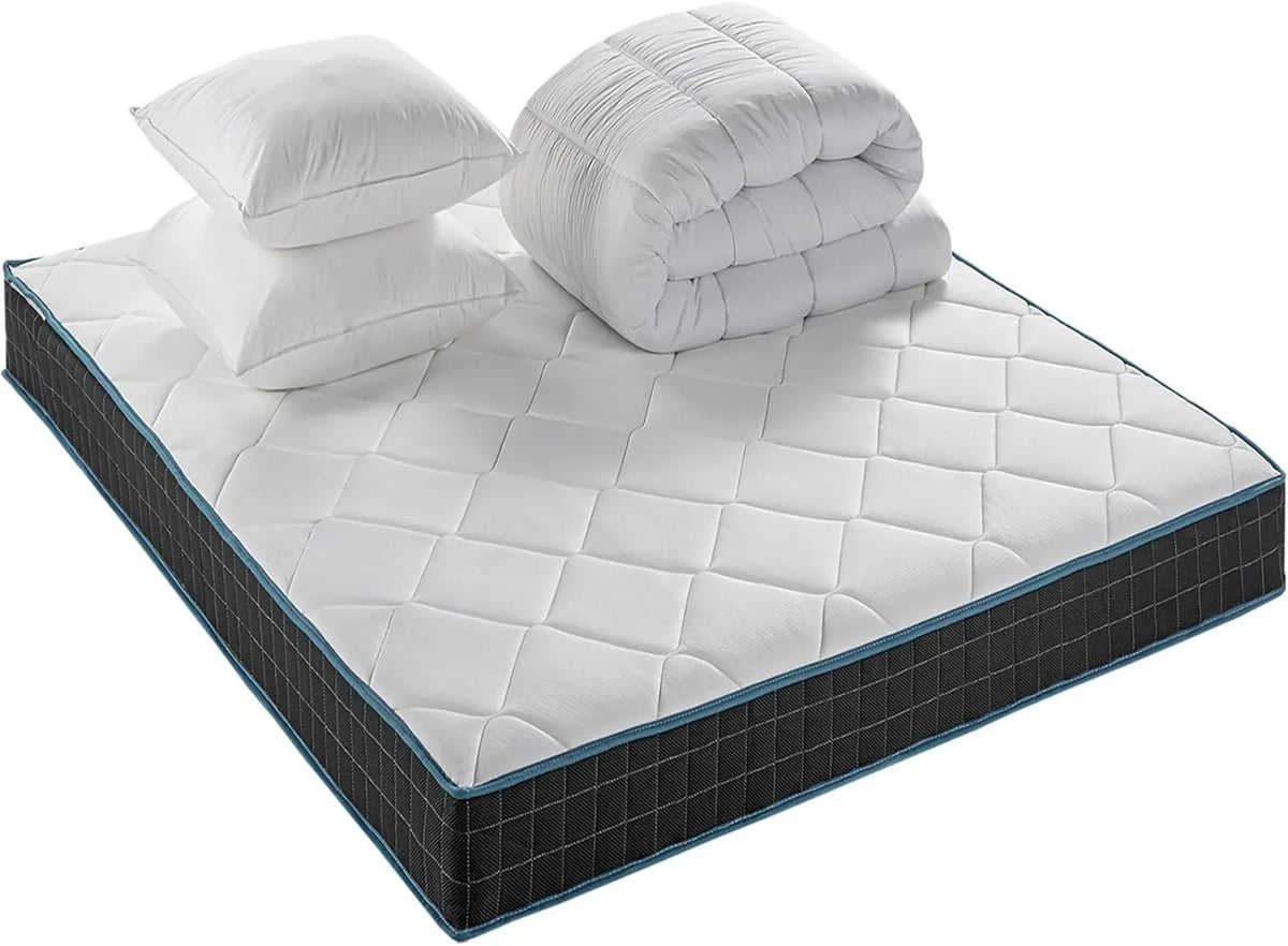 Ensemble Matelas Confort 140x190 cm avec Couette et Oreillers - Ressorts Ensachés, Fabriqué en Belgique, Garantie 10 Ans