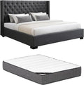 Lit 200x200 cm avec Tête de Lit Capitonnée en Tissu Gris et Matelas Massimo