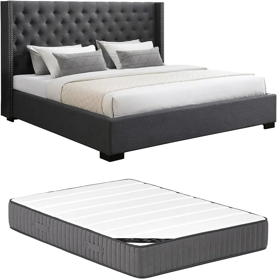 Lit 200x200 cm avec Tête de Lit Capitonnée en Tissu Gris et Matelas Massimo