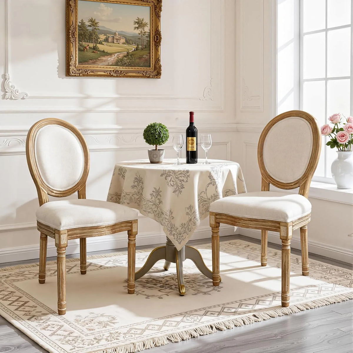 Ensemble de 2 chaises de salle à manger rétro, dossier ovale classique, tissu effet lin, chaise rembourrée pour cuisine ou salon, blanc craie