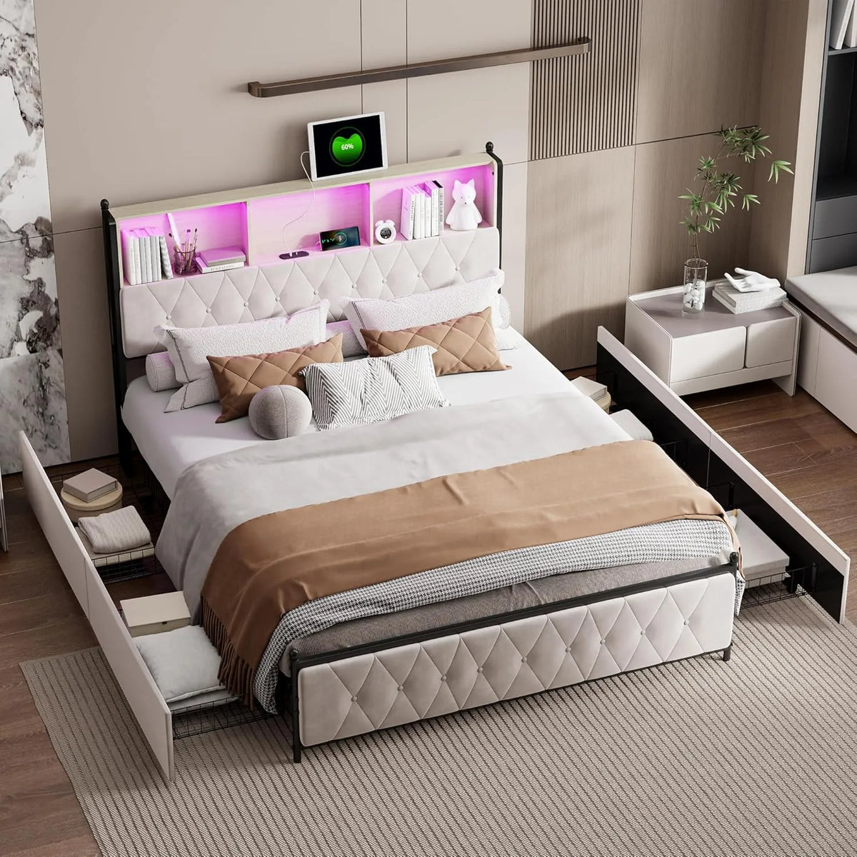 Cadre de lit double avec LED et chargeur USB, tiroirs de rangement, sans matelas, 140 x 200 cm