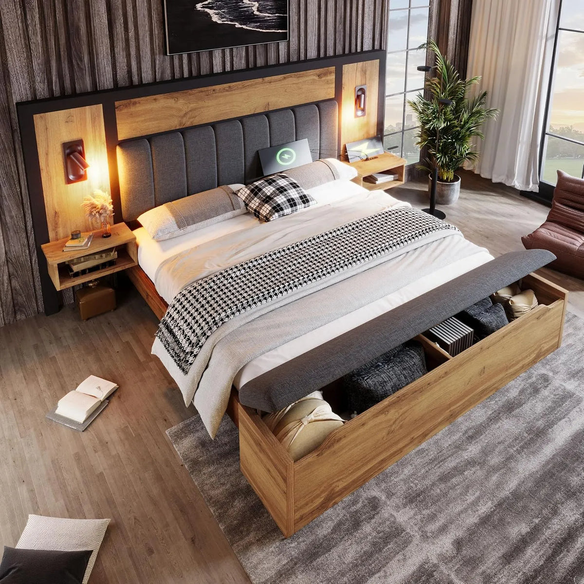 Ensemble Lit Rembourré 180x200cm avec Chevets et Banc, USB et Lampe, Sans Matelas