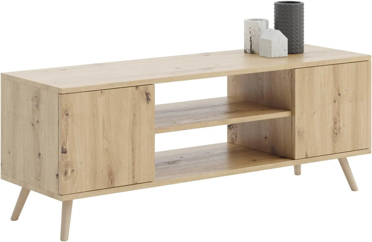 Meuble TV Scandinave KOBI en Chêne Artisan avec Pieds en Bois et Rangement Ample