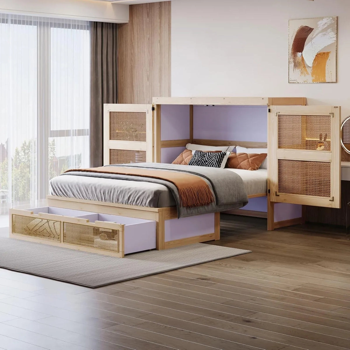 Lit escamotable en bois avec tiroir et design en rotin, transformable en armoire (140 x 200 cm - Naturel)