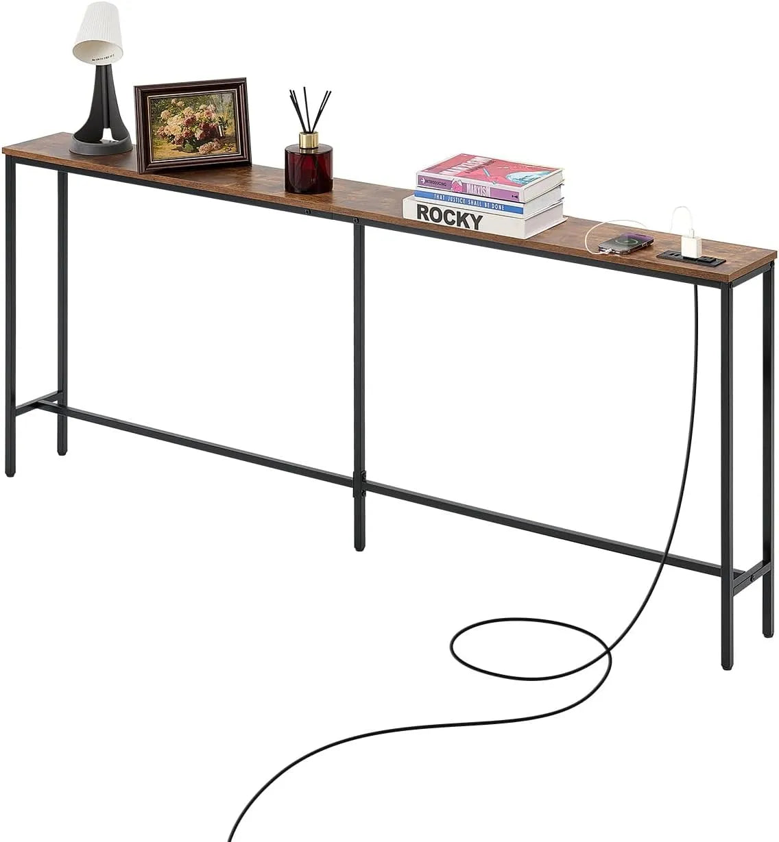 VEVOR Console Étroite avec Prises Électriques, 180 cm, Meuble d'Entrée en Métal, Marron et Noir