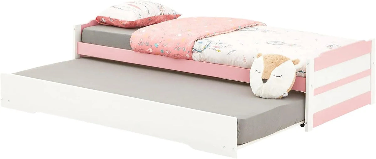 Lit Gigogne Enfant Lorena avec Tiroir, 90x190 cm, Pin Massif Blanc et Rose