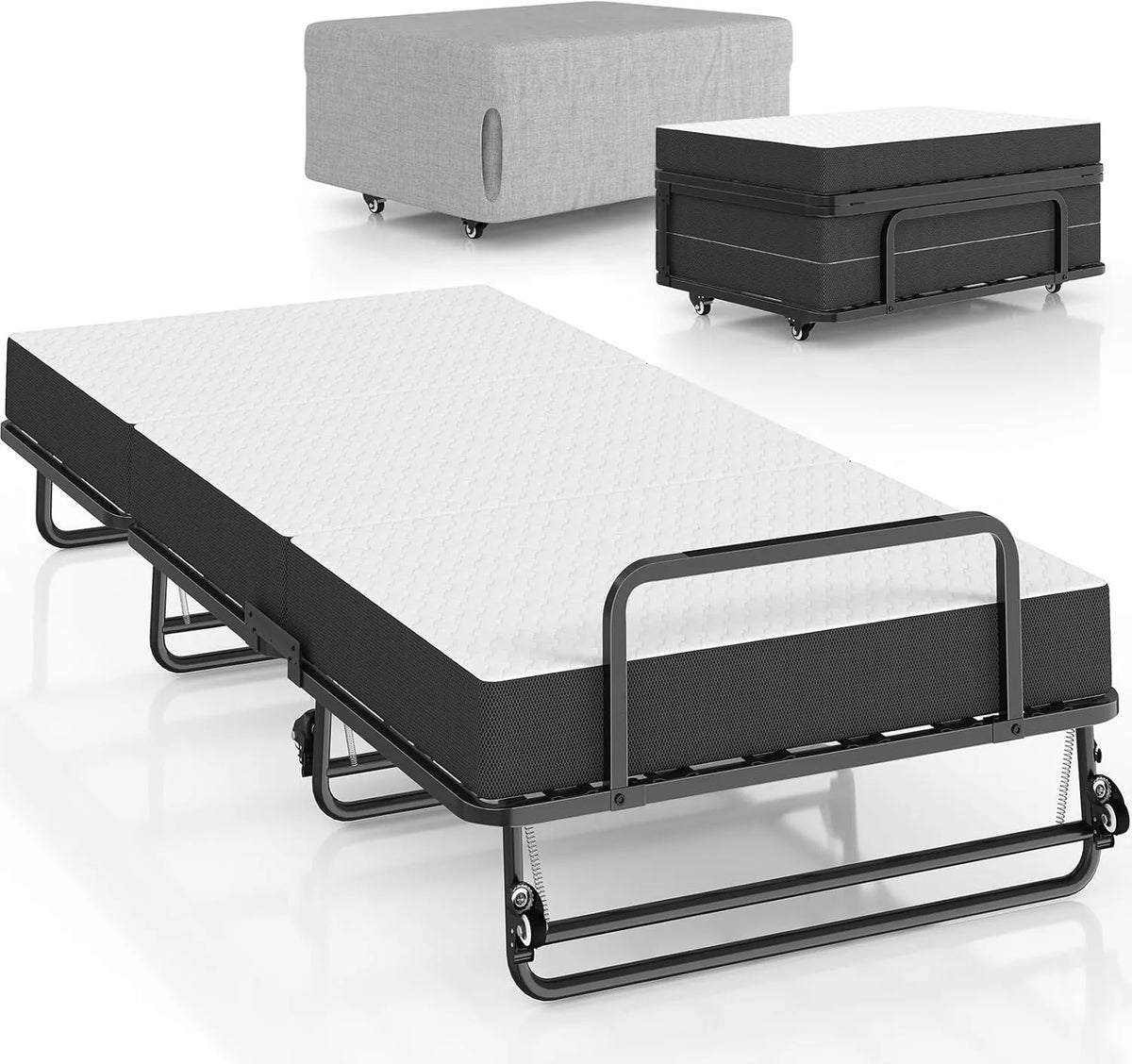 Lit d'Ombrelle Pliable 90x200 cm avec Matelas Mousse 10 cm, Lit de Secours avec Roulettes pour Adultes, Canapé Convertible Résistant 250 kg