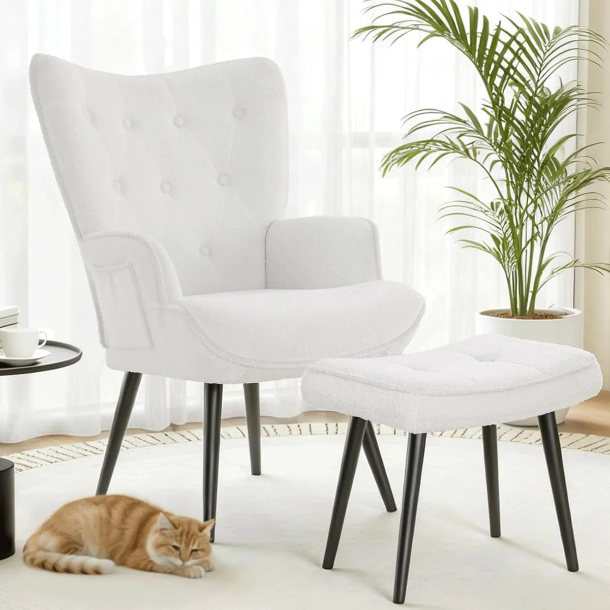 Fauteuil à Oreilles en Tissu Teddy avec Repose-Pieds, Confort 168 Kg, Blanc