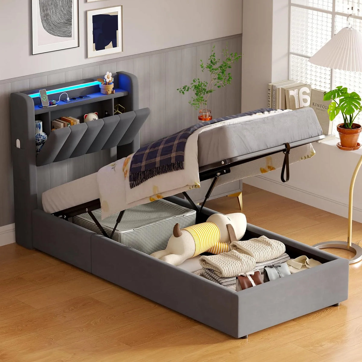Lit Simple 90x200 cm avec LED, USB et Coffre de Rangement - Velours Gris Foncé