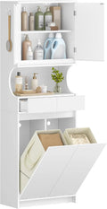 Armoire de Salle de Bain Hzuaneri avec Paniers à Linge Lavables, Étagère Réglable, 30 x 60 x 174 cm, Blanc