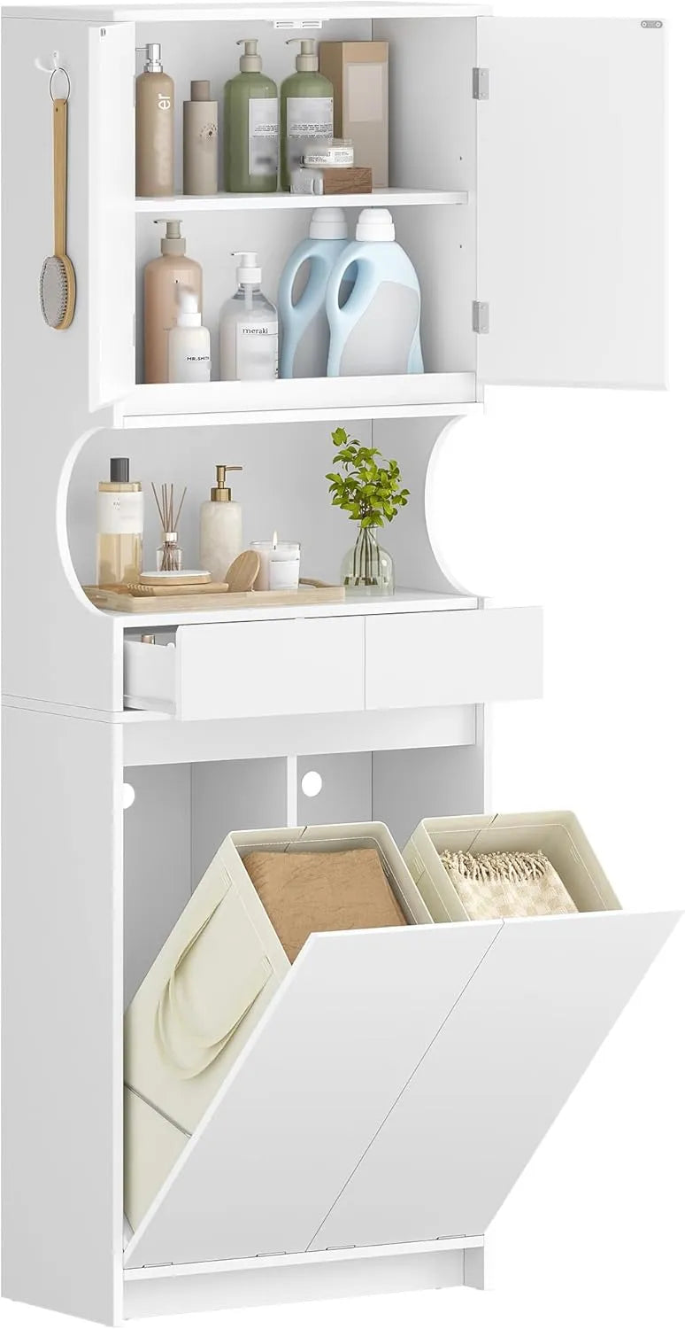 Armoire de Salle de Bain Hzuaneri avec Paniers à Linge Lavables, Étagère Réglable, 30 x 60 x 174 cm, Blanc