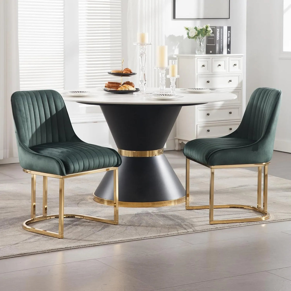 Lot de 2 Chaises de Salle à Manger en Velours Vert avec Pieds Dorés
