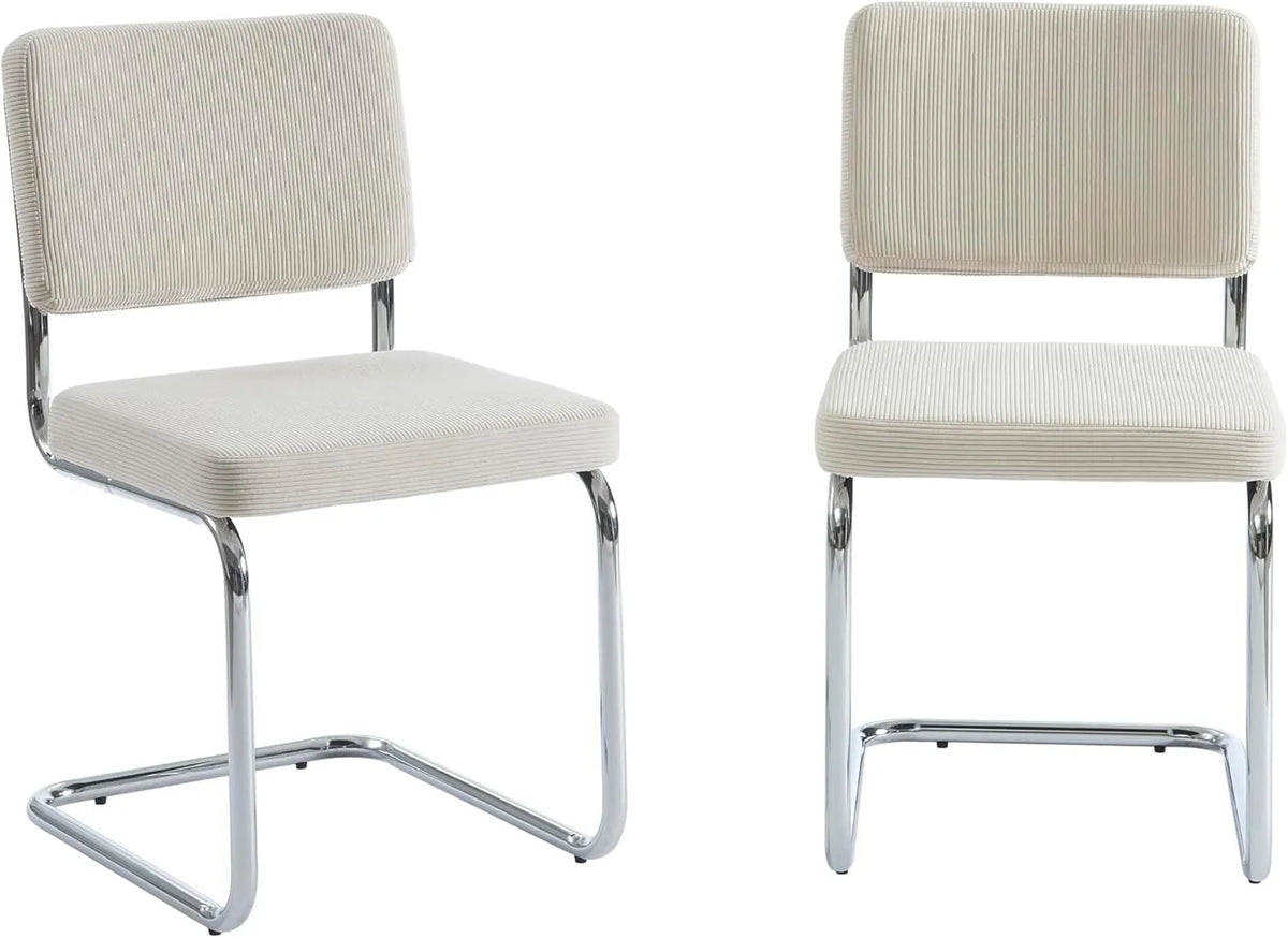 Ensemble de 2 chaises en velours côtelé écru avec pieds en métal chromé