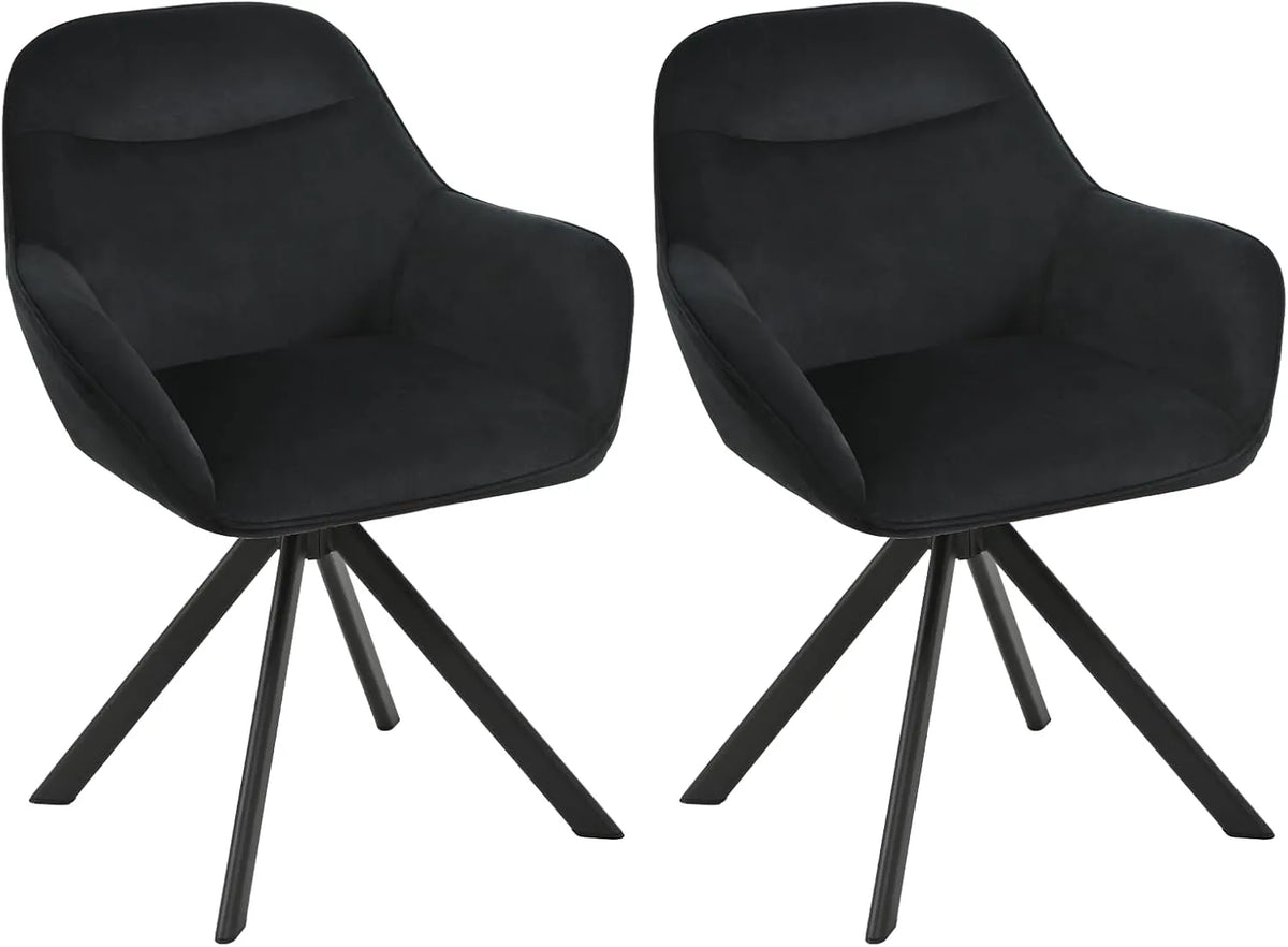 Ensemble de 2 Chaises Pivotantes en Velours Noir avec Accoudoirs pour Salle à Manger et Salon