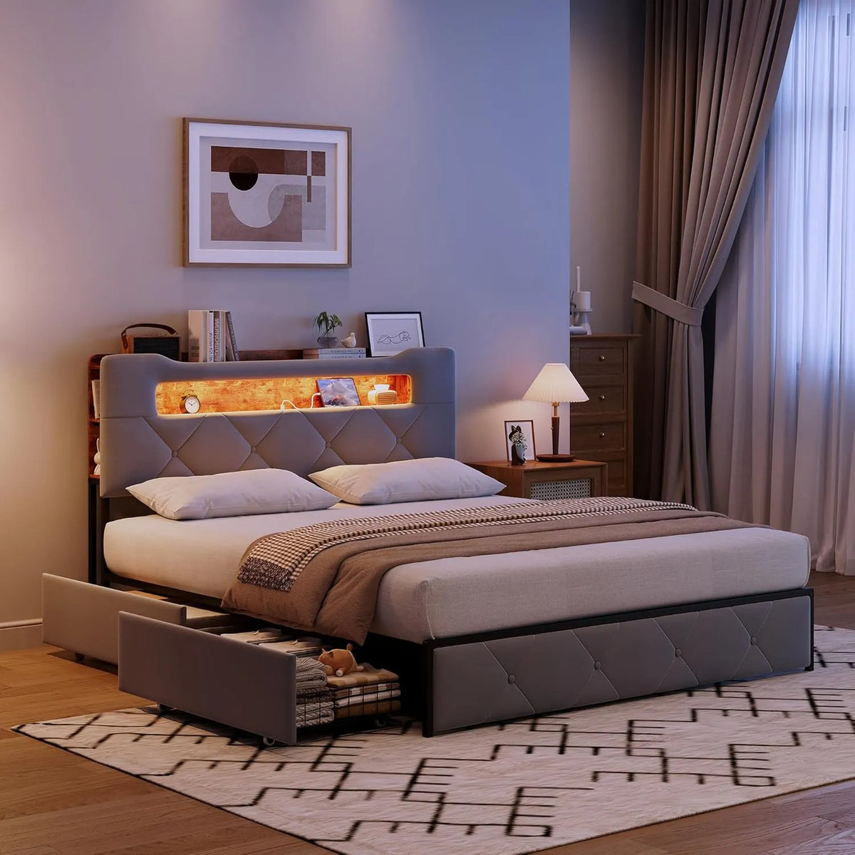 LIVLUX Lit Double 140x190 avec Sommier LED, Ports USB et Rangement