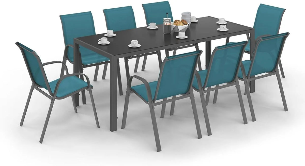 IDMarket - Ensemble de Jardin Madrid: Table 190 cm et 8 Chaises Empilables Bleu Canard