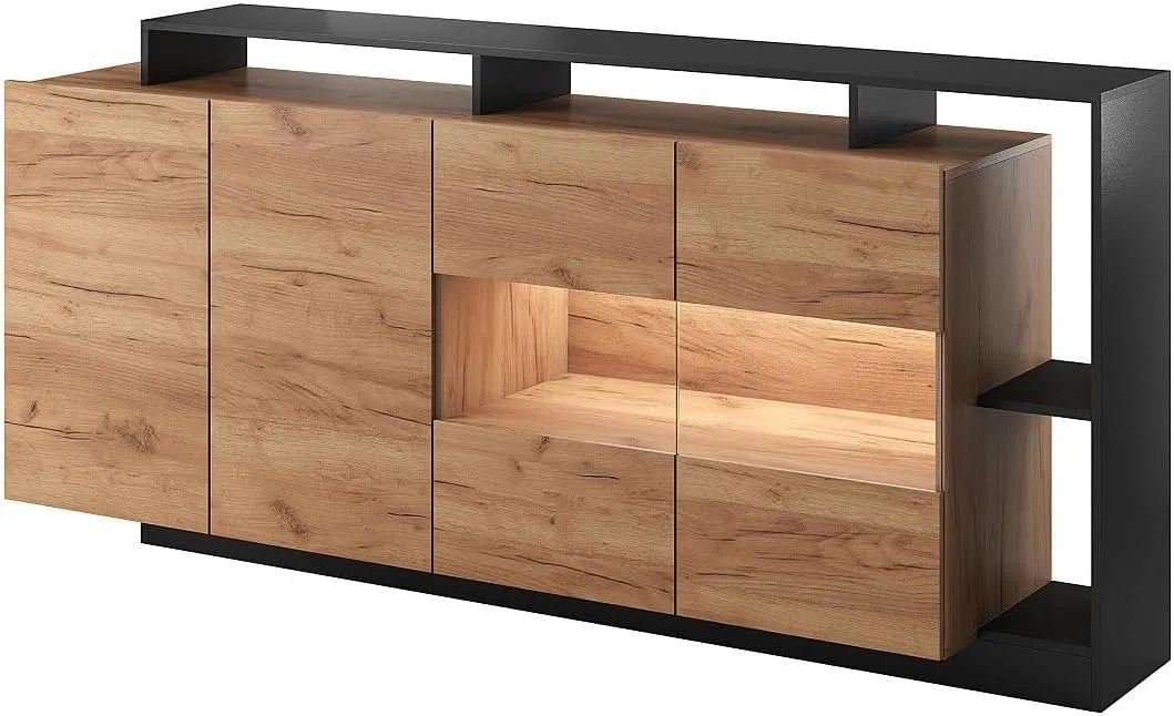 Buffet 4 Portes avec Éclairage LED - Finition Bois et Anthracite - Modèle IDESIA