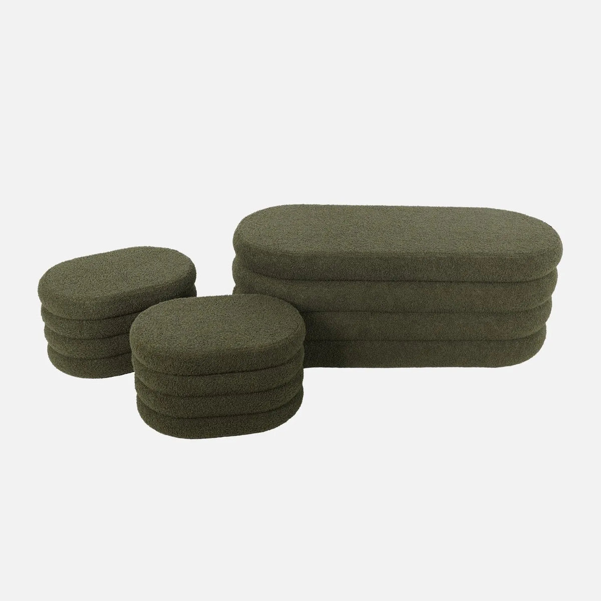 Banc Coffre Bouclettes Kaki avec 2 Poufs de Rangement - 111 cm