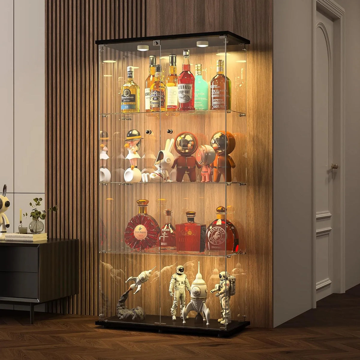 Armoire en Verre Moderne avec Éclairage LED, 4 Étagères et Serrure, 2 Portes, 164 cm - Noir