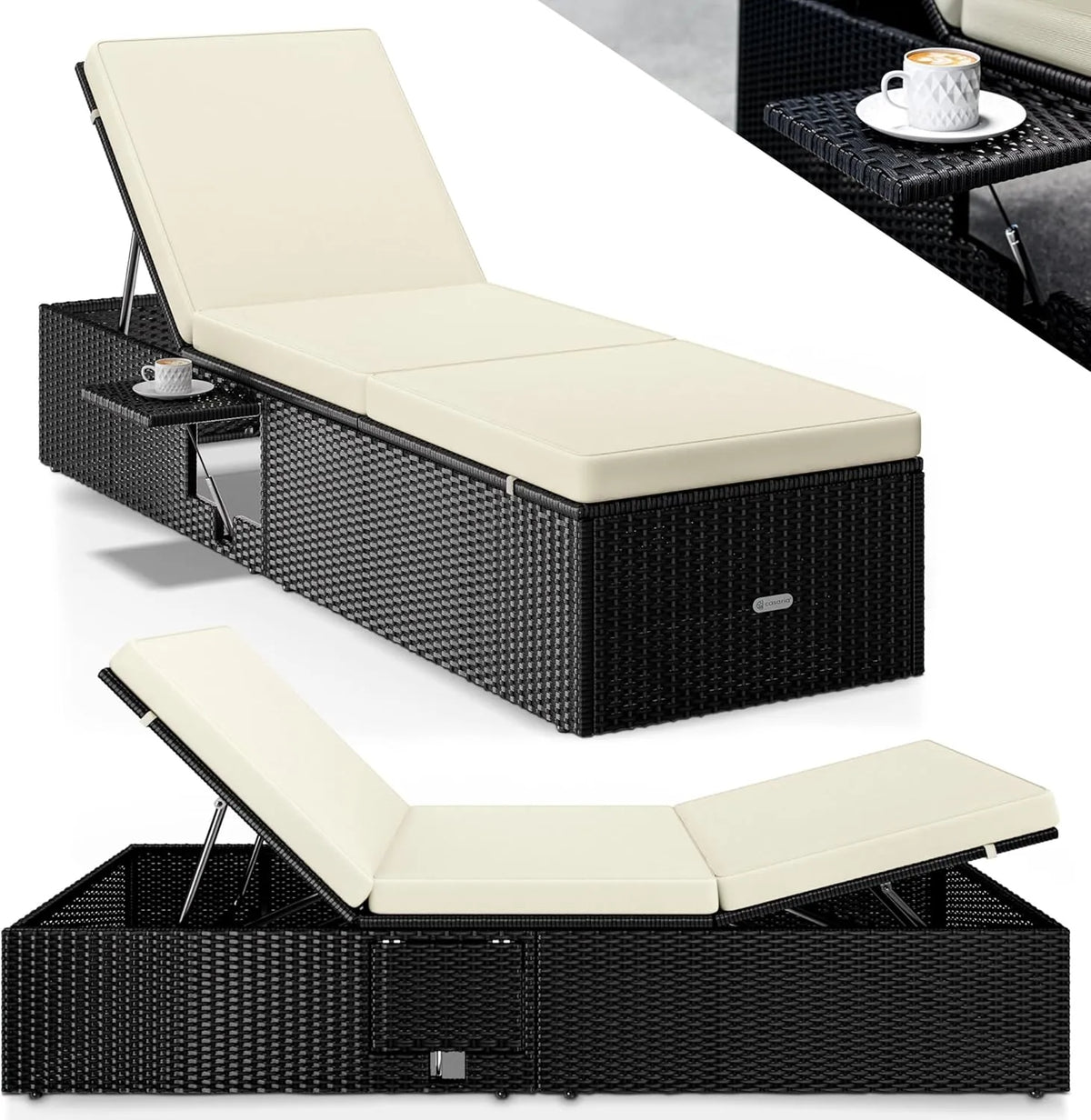 Chaise Longue en Polyrotin Noir Crème avec 7 Positions Réglables pour Bain de Soleil