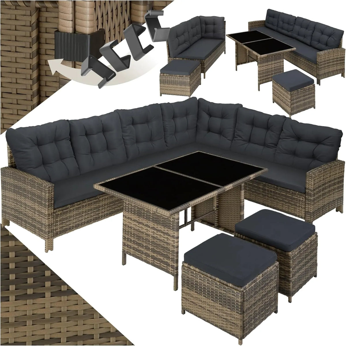 Ensemble de Salon de Jardin Modulable en Rotin - Canapé d'Angle, Table et Poufs, Mobilier pour Balcon et Terrasse Marron
