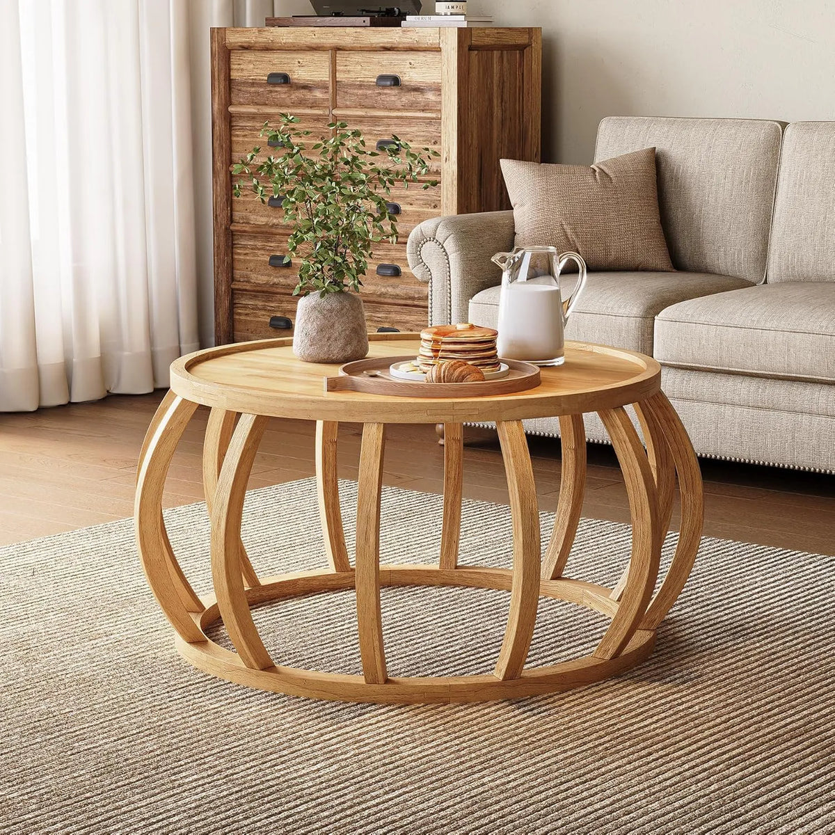 Table Basse Ronde en Bois Massif, 80 cm, Style Ferme avec Base Incurvée