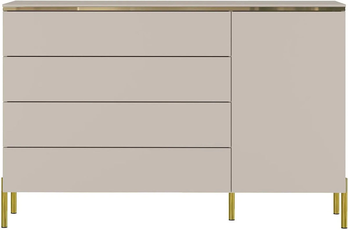 Commode Élégante PASCAL MORABITO avec 4 Tiroirs et 1 Porte - Beige et Doré