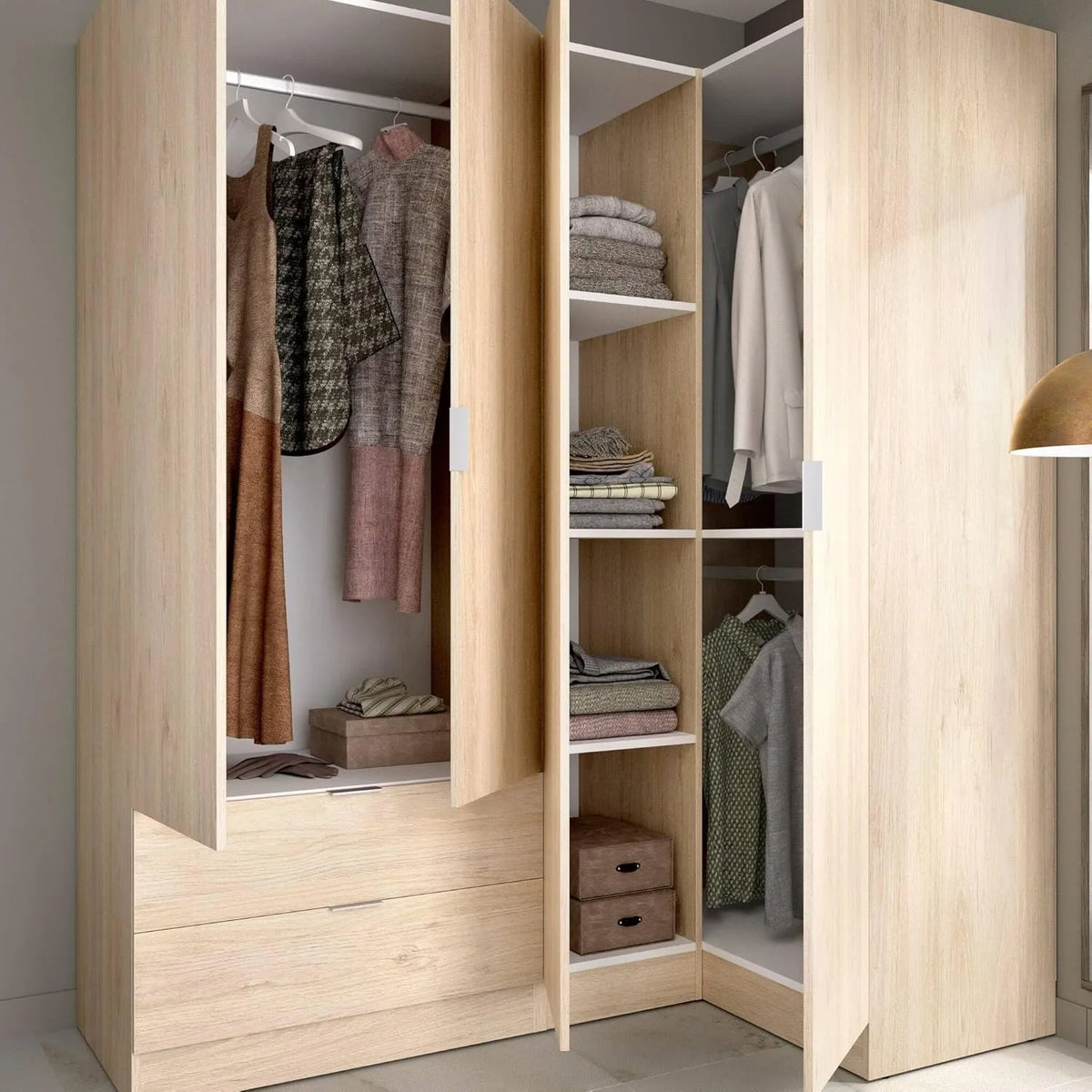 Dmora - Armoire d'Angle Spacieuse Sillara pour Chambre, 174x91x184 cm, Finition Chêne Élégante