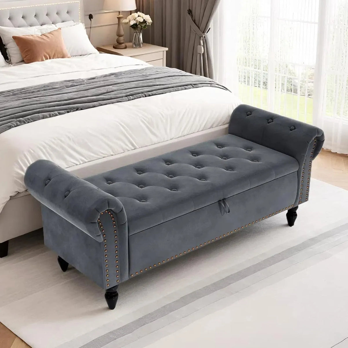 Banc de Rangement Luxueux en Velours 133cm avec Couvercle Réversible, Pieds en Bois - Capacité 168kg, pour Chambre et Salon Gris