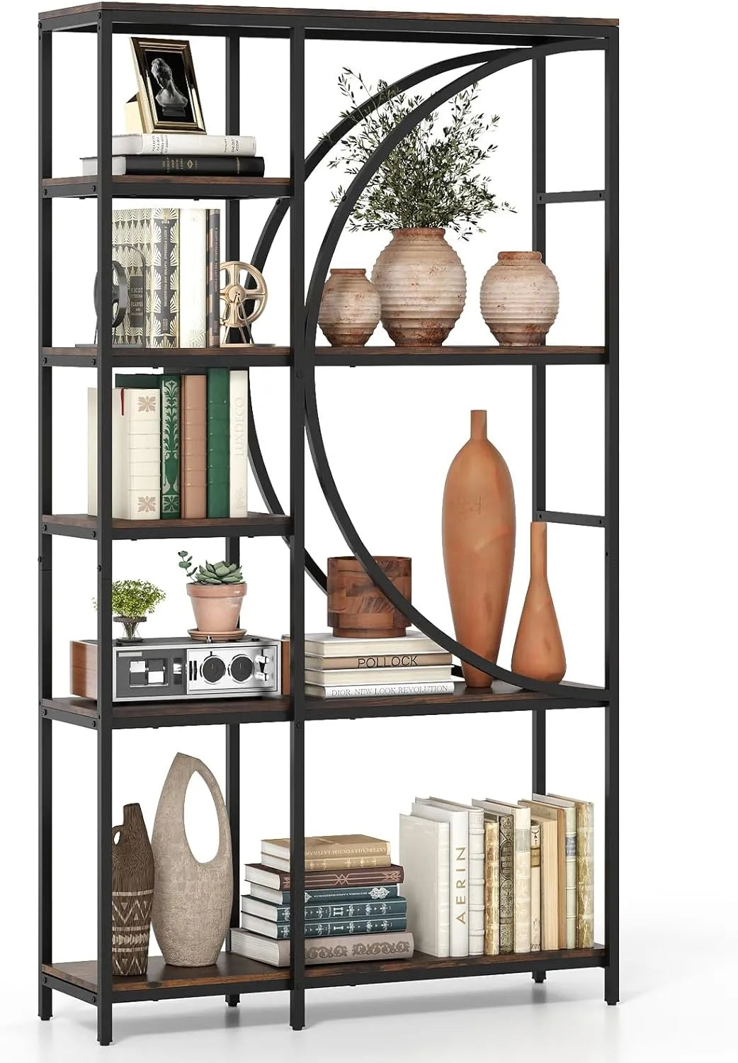 Étagère à Livres Industrielle 6 Niveaux avec Cadre Métallique, Rangement Ouvert Anti-Basculement pour Salon et Bureau, Marron