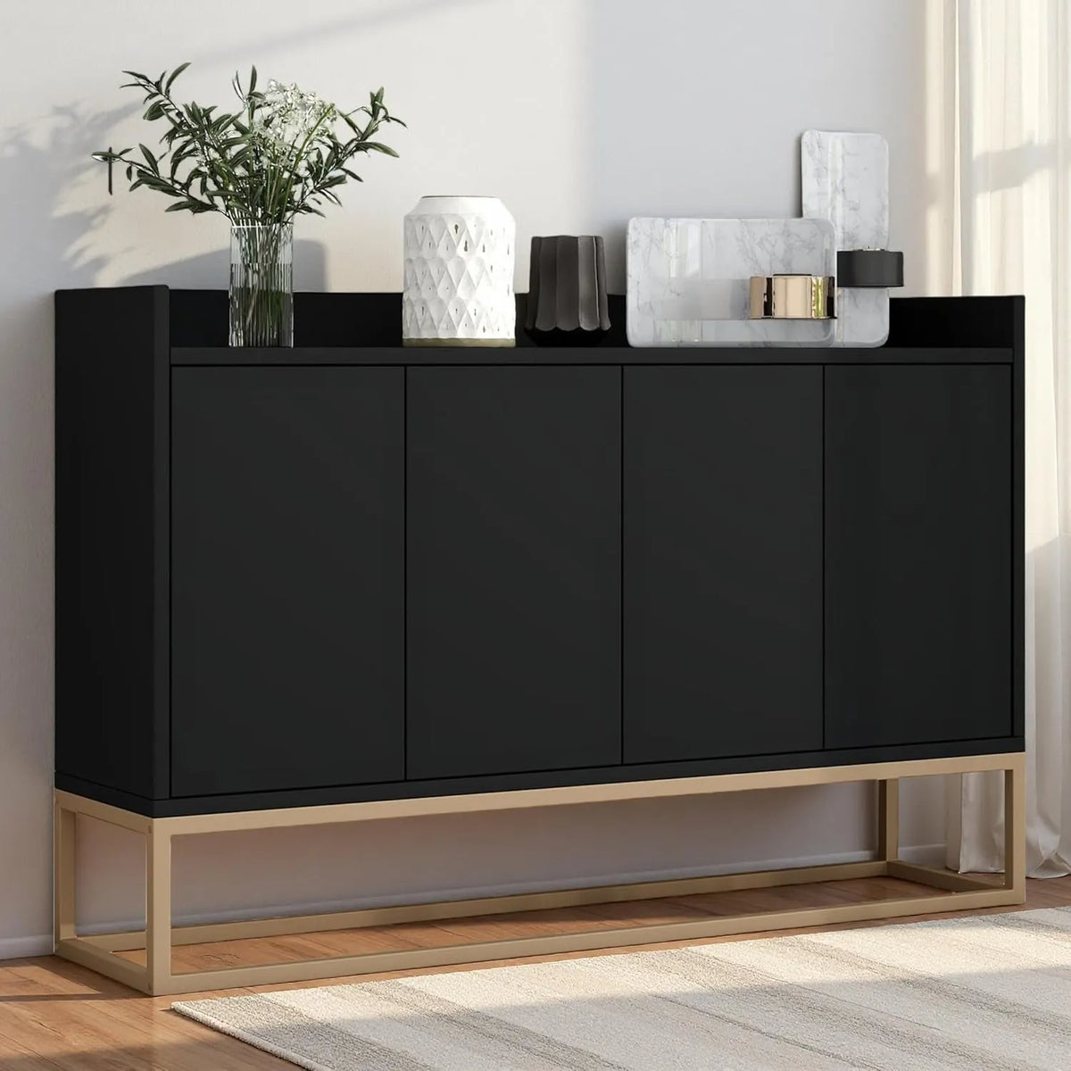 Buffet Moderne 120 cm Noir avec 4 Portes et Étagère Ajustable pour Cuisine et Salon