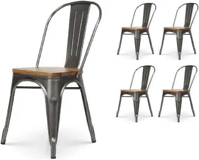 Kosmi - Ensemble de 4 chaises en métal galvanisé avec assise en bois clair - Design industriel