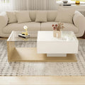 Table Basse LED Moderne en Verre et Bois avec Tiroir, Charge 30kg, 105x55x32.5cm, Blanc/Naturel