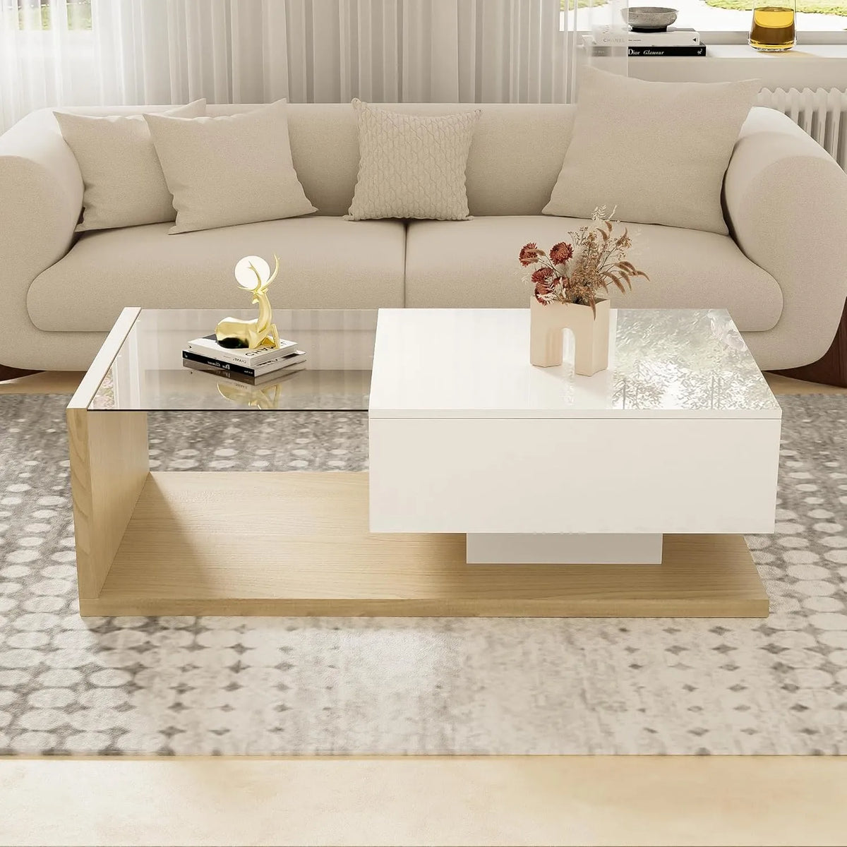 Table Basse LED Moderne en Verre et Bois avec Tiroir, Charge 30kg, 105x55x32.5cm, Blanc/Naturel