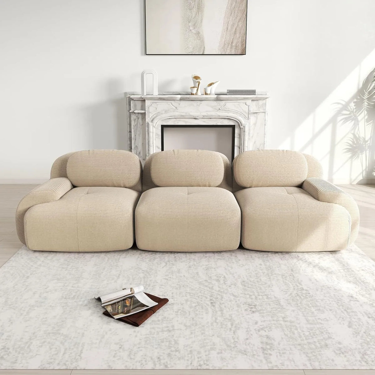 Sofa en Velours Côtelé 3 Places, Design Modulable avec Accoudoirs Courbés et Base Antidérapante, Confort Extrême pour Salon et Cinéma Maison (Beige)