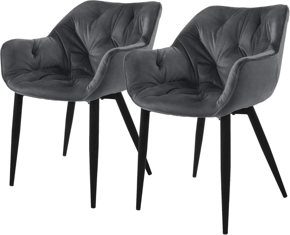 Ensemble de 2 Fauteuils Anthracite, Velours Rembourré, Pieds en Métal Noir, Design Ergonomique pour Salle à Manger