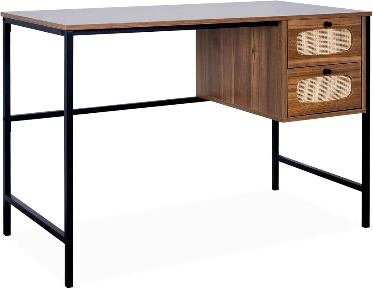 Bureau Vintage en Bois et Rotin avec Détails en Métal Noir