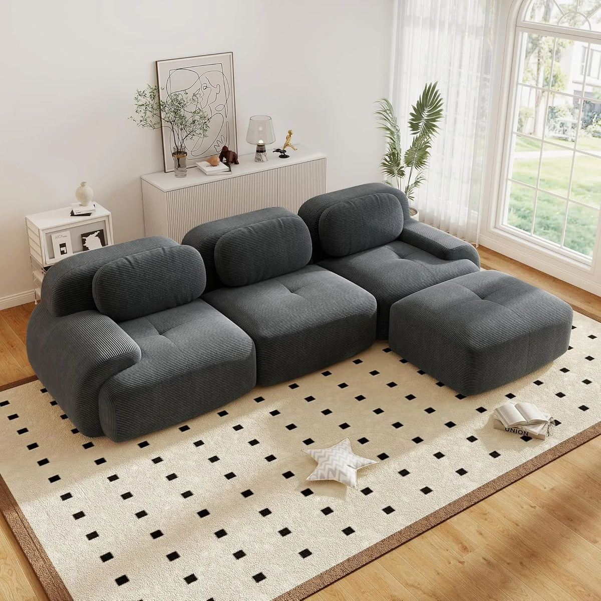 Grand canapé d'angle modulable en velours côtelé avec pouf, 3 à 6 places, design moderne pour salon, sans assemblage