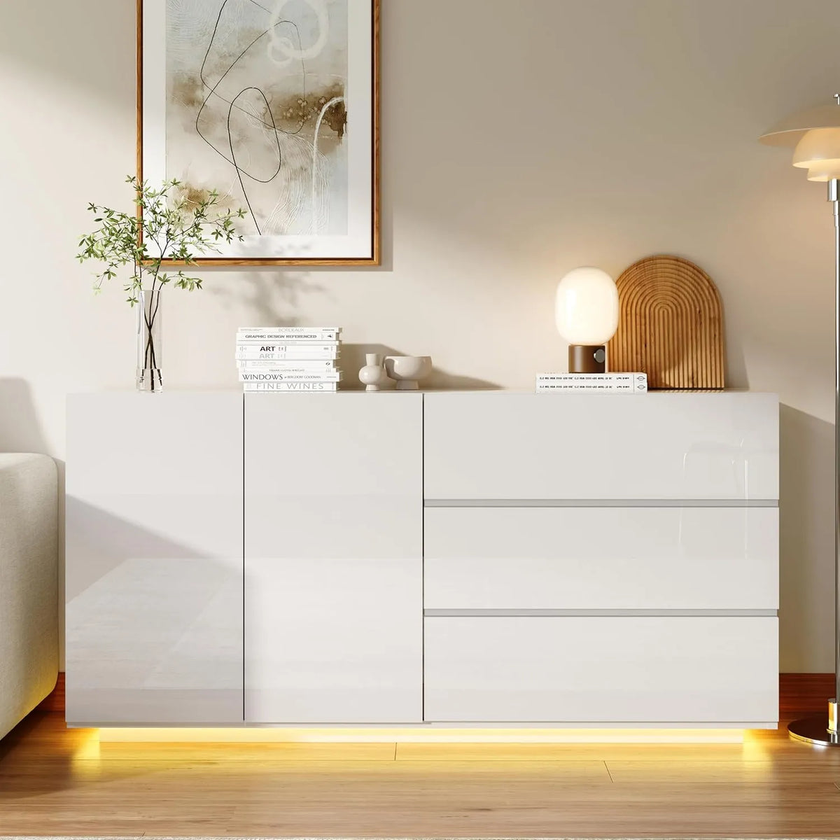 Buffet moderne blanc 160 cm avec LED, 2 portes et 3 tiroirs pour cuisine, salle à manger, salon