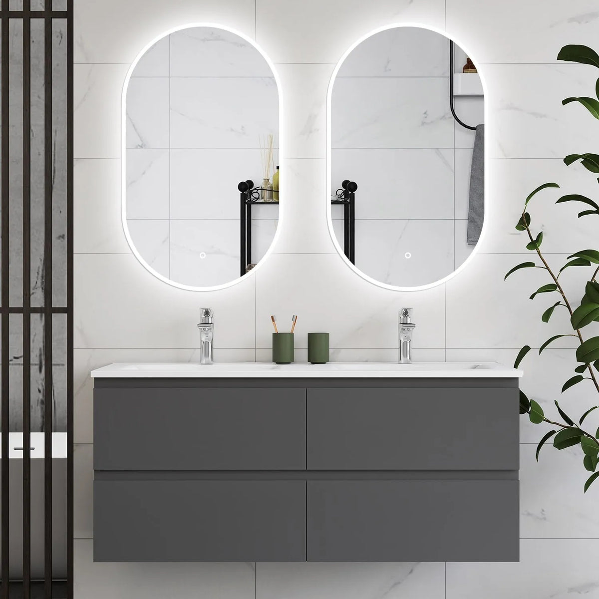 Meuble de Salle de Bain 120 cm Anthracite - Double Vasque avec Miroir LED Ovale et Tiroirs de Rangement