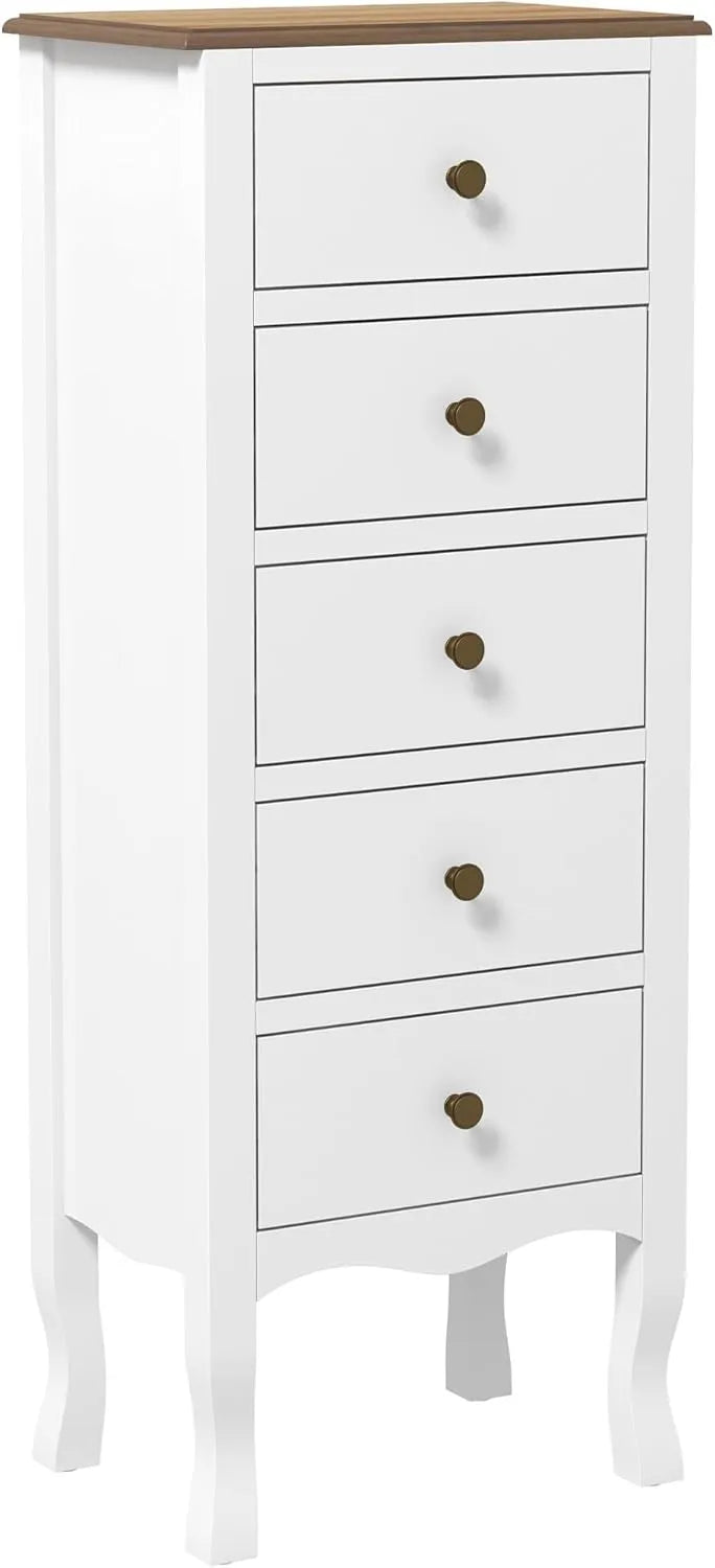 Commode 5 Tiroirs Blanc Compacte avec Poignées Laiton