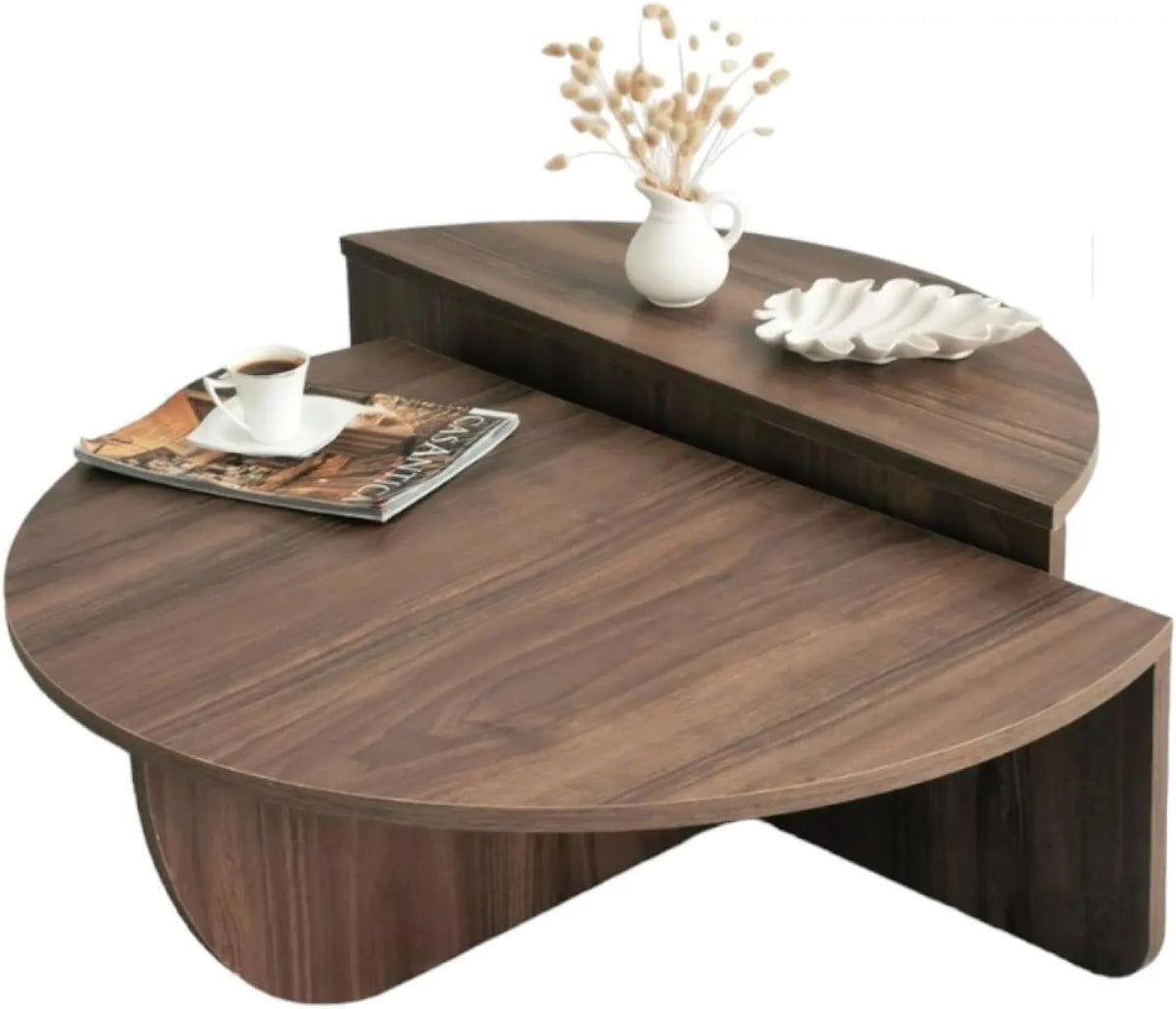 Table Basse Ronde Mila en Bois de Noyer, Moderne et Modulable