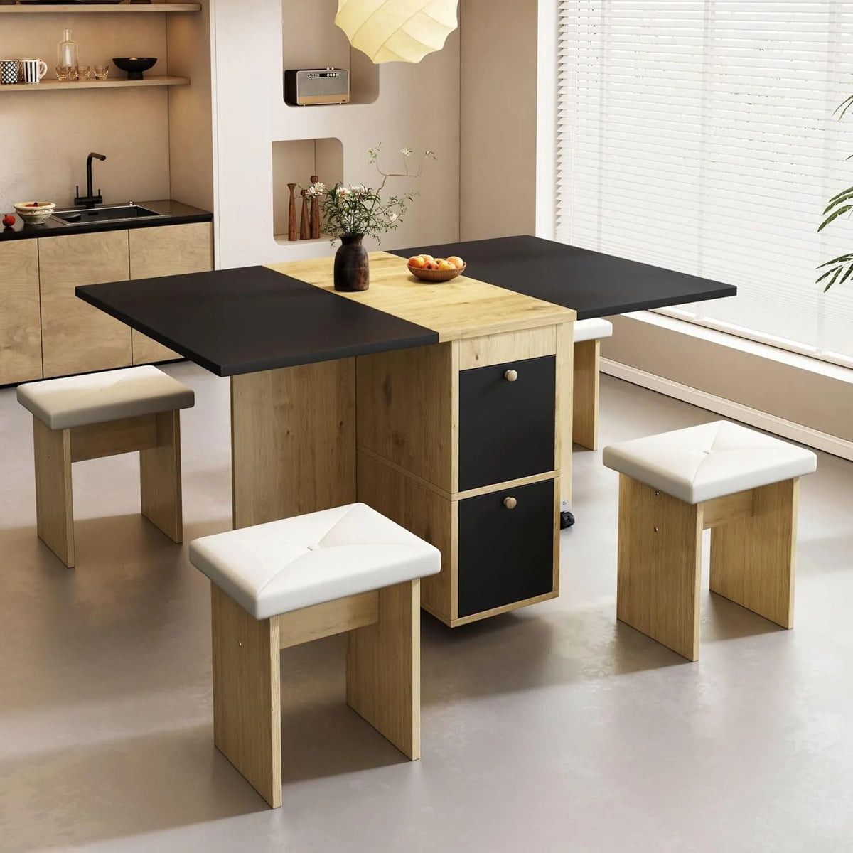 Set de Table et Chaises Pliantes Multifonction, 120x80x75cm, Noir et Chêne