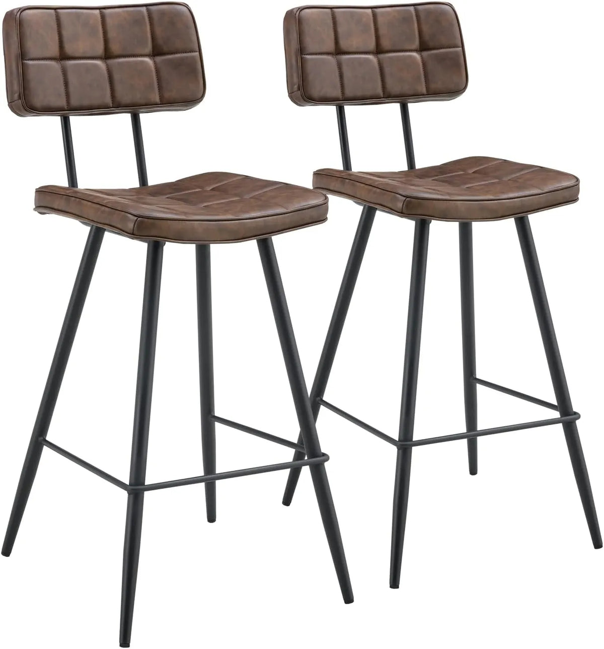 Happy Garden Lot de 2 Tabourets de Bar Fernand - Similicuir Marron avec Repose-Pieds et Pieds en Métal Noir