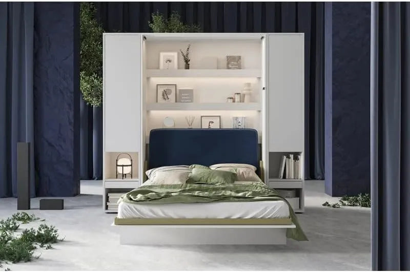 Armoire Murale Escamotable Blanche 160x200cm avec Placards et Tiroirs