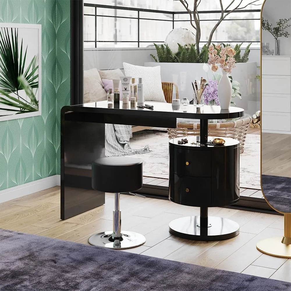 Coiffeuse Moderne Noire Lara avec Tabouret, 120 cm - Finition Brillante