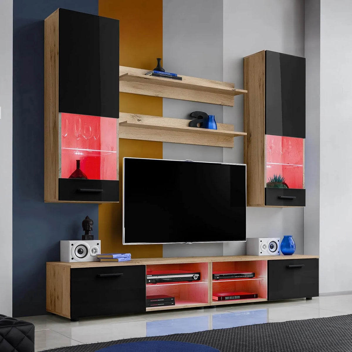 Meuble TV Varallo Noir avec LED RGB - 200x195x45 cm pour Salon et Chambre