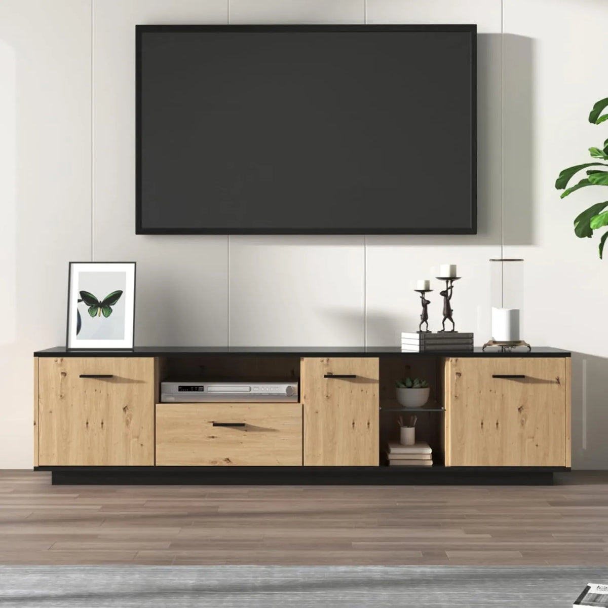 Buffet TV noir et chêne avec LED - Armoire polyvalente 3 portes, 2 espaces, 1 tiroir